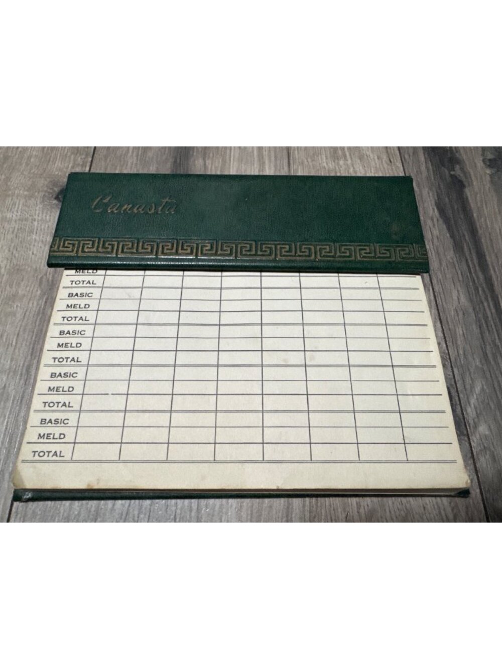 Vintage Green Canasta Score Pad Gold Greek Key Border Design & Faux Leather Cove